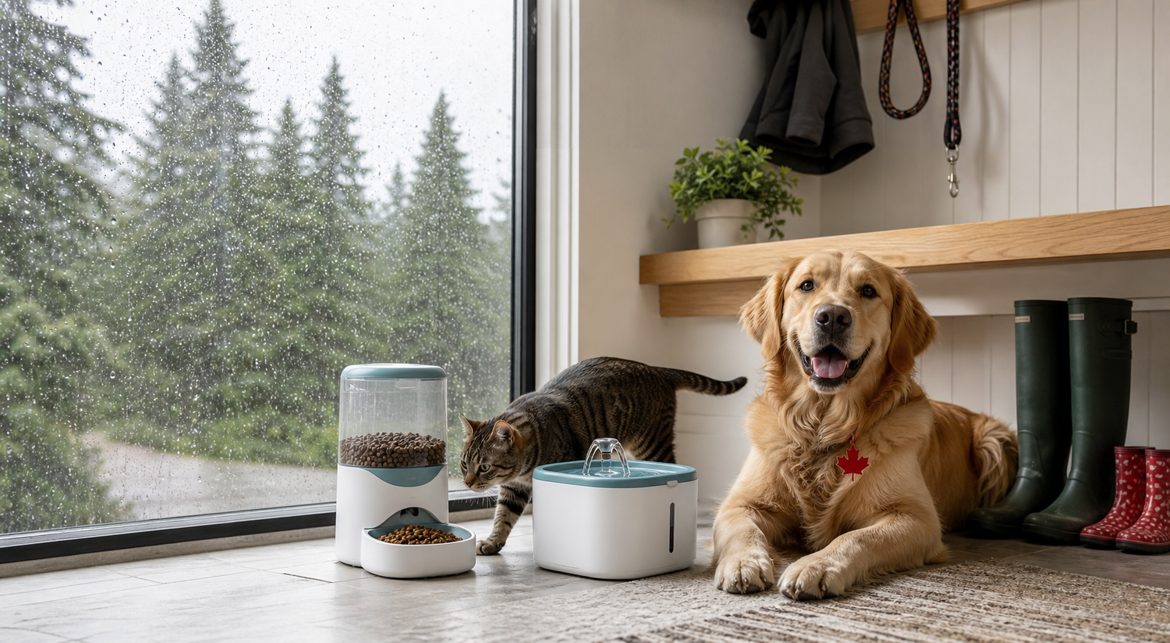 A cat and dog sharing a pet corner in a rainy Canadian mudroom