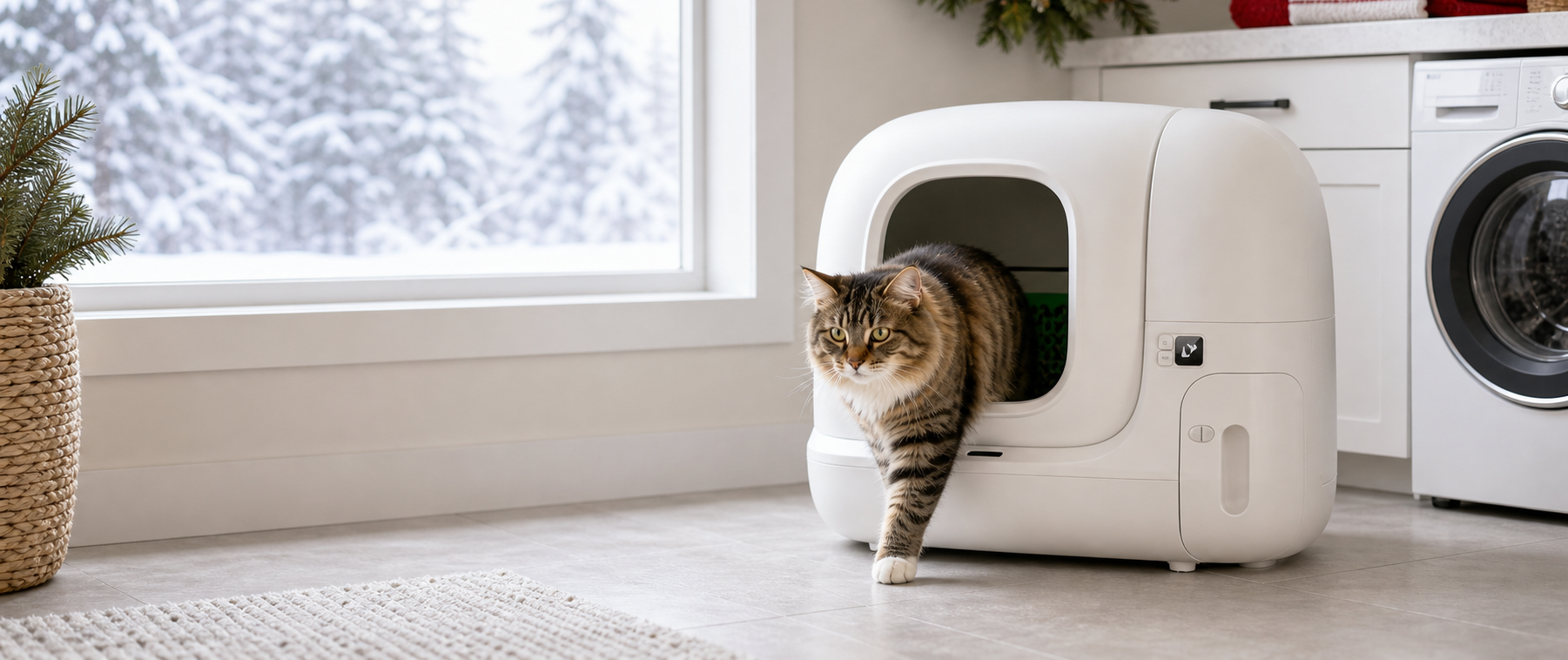 A single cat stepping out of a rounded white litter box with a front window and side control pod