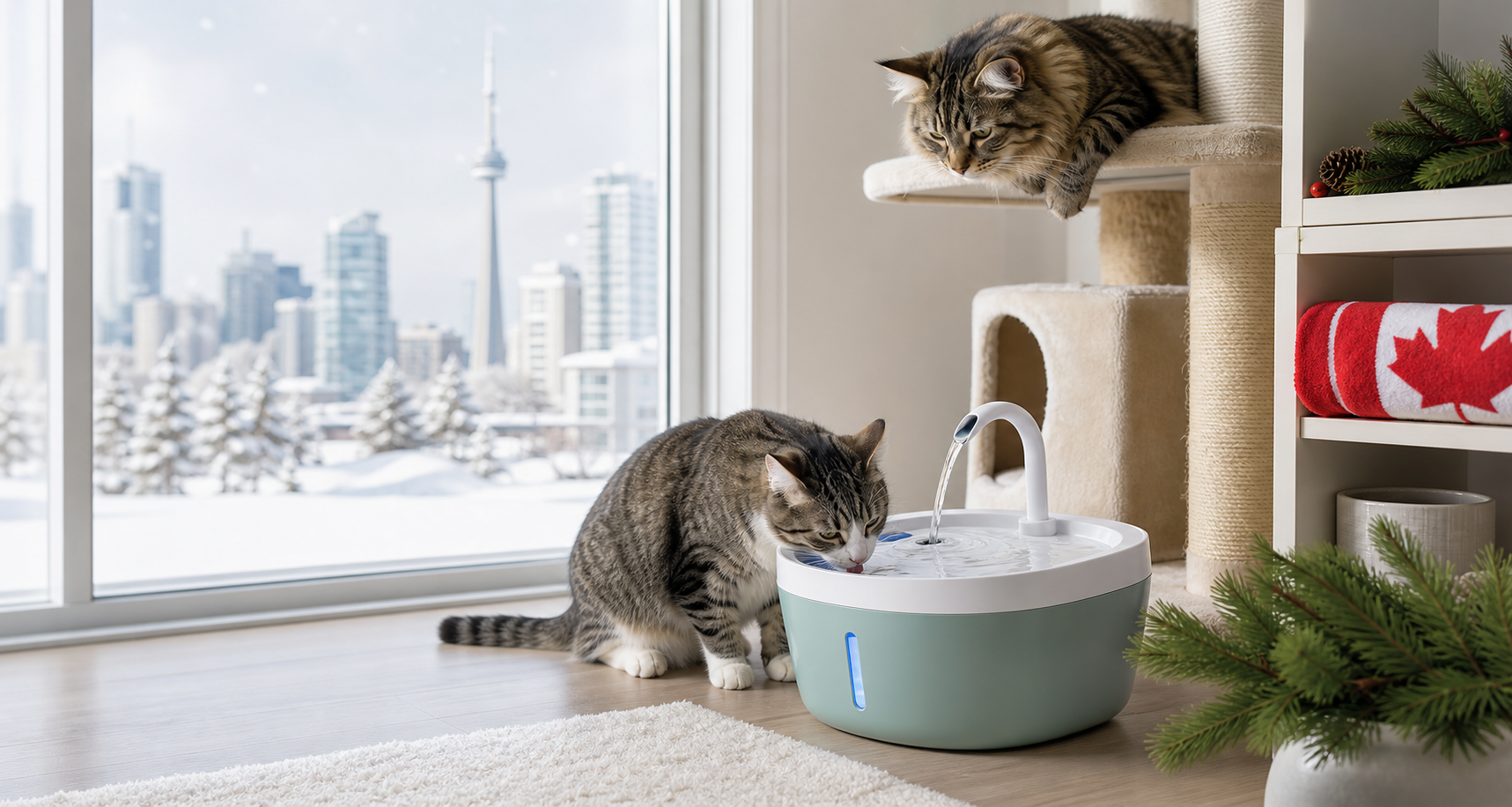 Two cats with a water fountain in a snowy Canadian condo living room