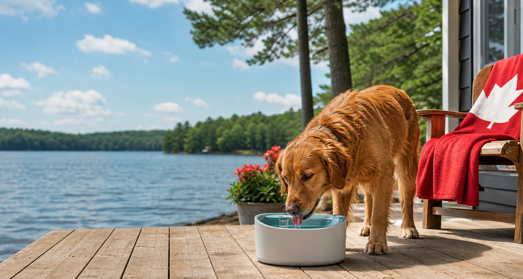 A single dog drinking from a water dispenser on a Canadian cottage porch in summer