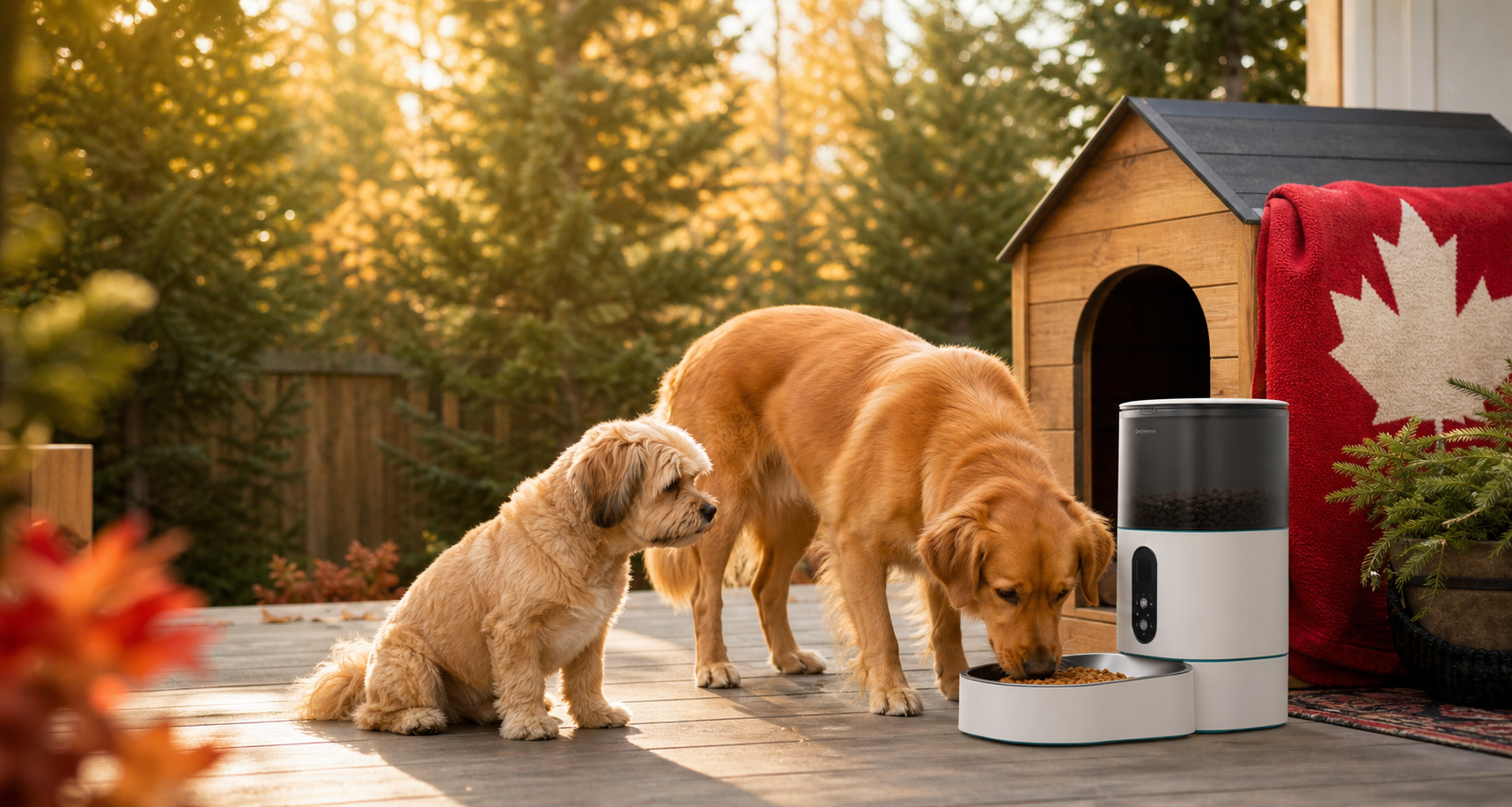 Two dogs beside a smart feeder near a backyard doghouse in autumn Canada