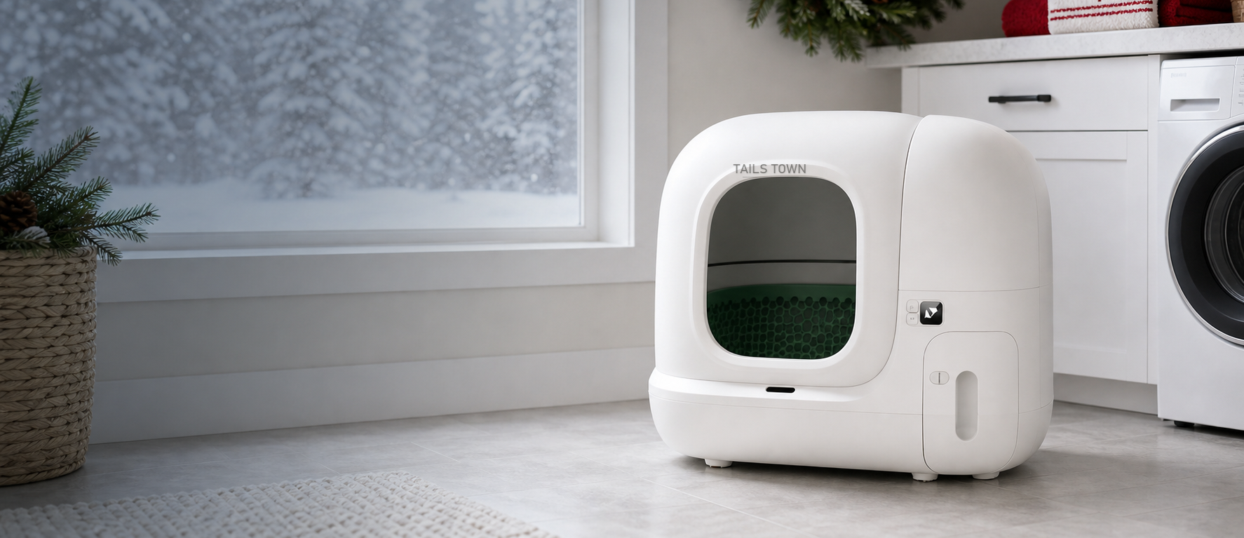 Rounded white enclosed litter box with Tail's Town logo printed on the side